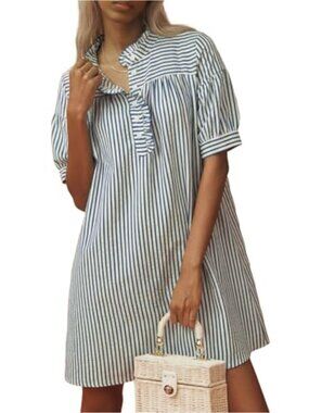 Women's Cotton Striped Button Down Shirt Dress with Pockets, Puff Sleeves